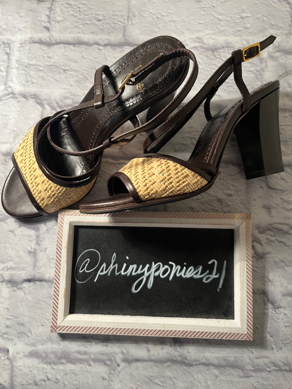 Women’s Brooks Brothers Chocolate Brown and Cream Strap Block Heel Sandals